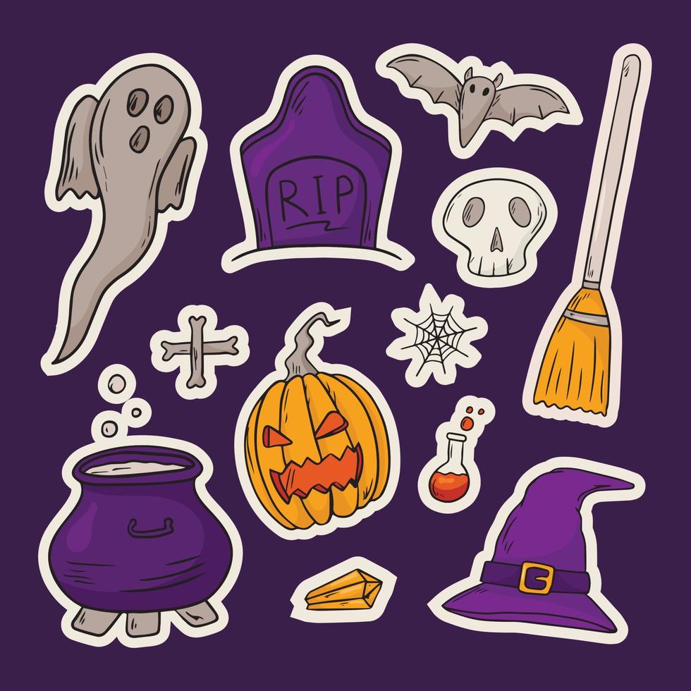 Vektor-Illustration Reihe von Symbolen. Gekritzelaufkleber mit Halloween-Thema. vektor