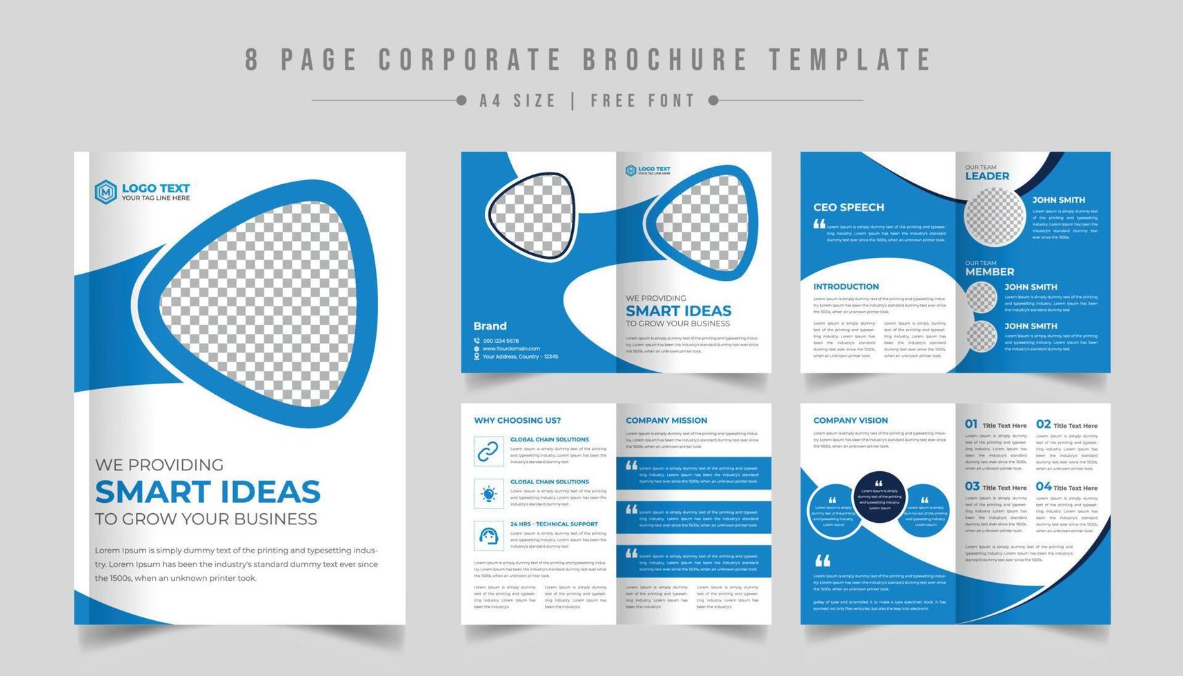 Vorlagendesign für Unternehmensbroschüren, 8-seitiges Layout für Unternehmensbroschüren, minimales Vorlagendesign für Geschäftsbroschüren, Projektvorschlag, Broschüre, Firmenprofil, Projektvorschlag, Unternehmen, Katalog, jährlich vektor