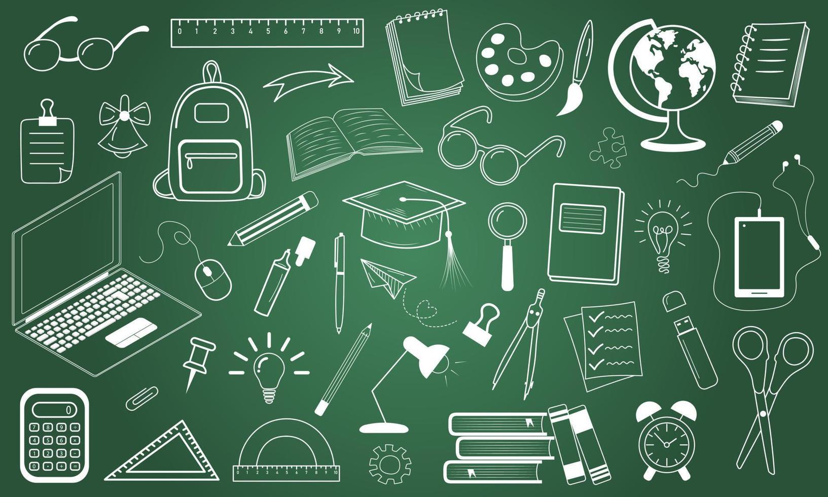 Tafel mit Schulsymbolen. Bildung skizzenhaft mit Schulmaterial. linearer Doodle-Stil. vektor