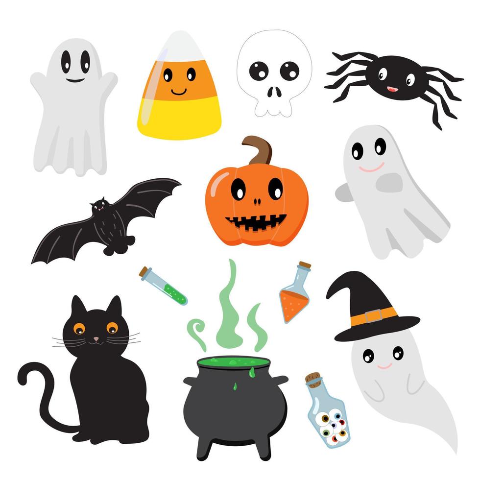 niedlicher cartoon kawaii halloween satz von illustrationen mit geistern, süßigkeiten, schädel, spinne, fledermaus, kürbis, katze. Kessel, Tränke, Flasche mit Augen. Vektor-Illustration. isoliert auf weißem Hintergrund. vektor