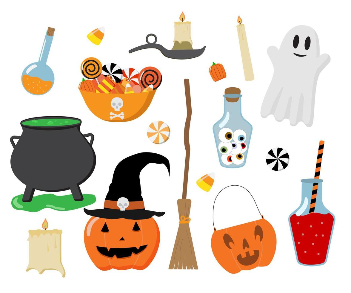 cartoon halloween und hexerei elemente gesetzt. isoliert auf weißem Hintergrund. Vektor-Illustration. ideal für Drucke, Karten, Einladungen. vektor