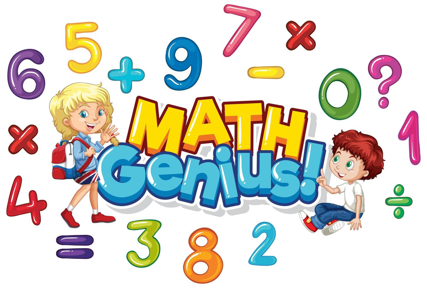 '' Mathe Genie '' Poster mit Zahlen und glücklichen Kindern vektor