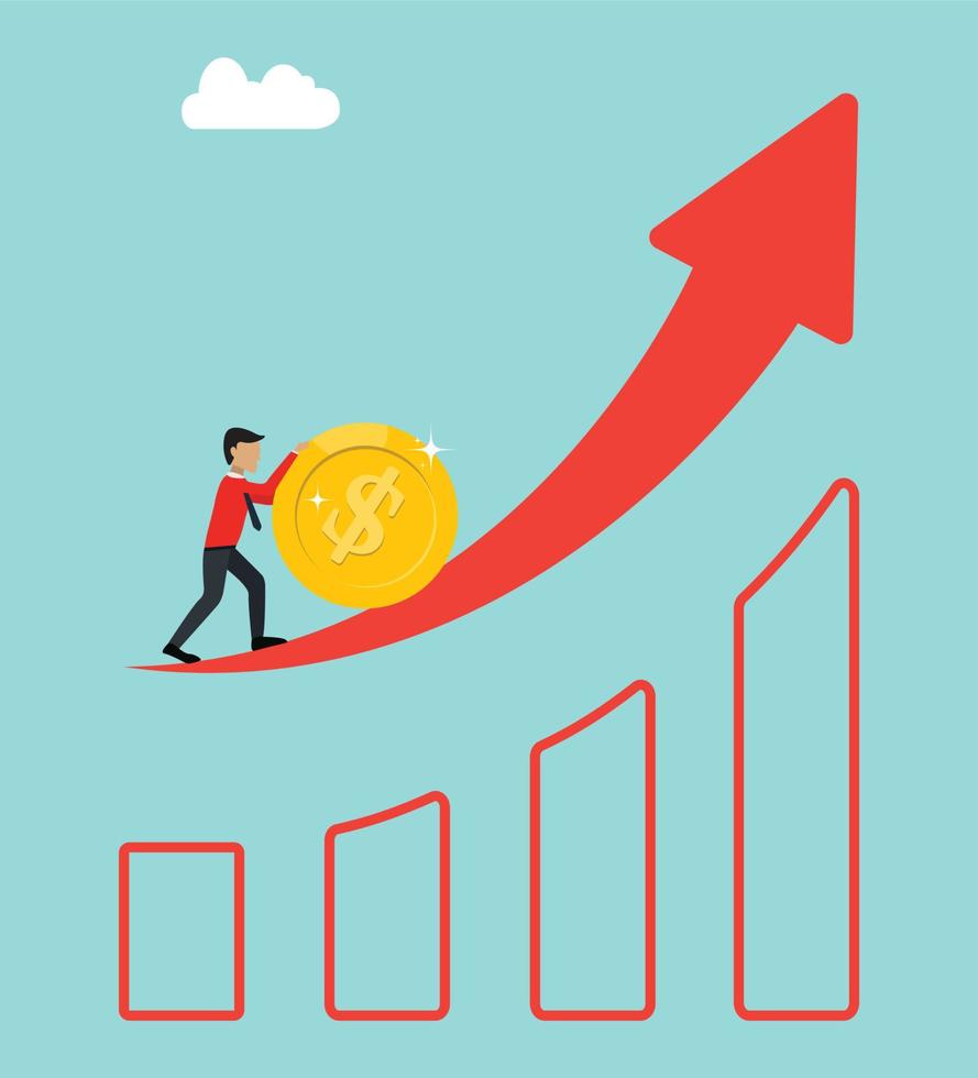 mann mit dollarmünze, der sie mit erhöhungspfeil und diagramm zieht, leute in der geschäftsbranche, vektorgeld, gebunden, hart, flacher karikaturvektor vektor