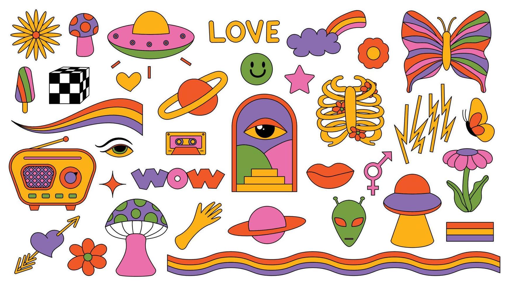 uppsättning hipster retro coola psykedeliska element. samling klistermärken av groovy cliparts från 70-talet 60-talet. collage med trendig popkänsla med läckert designelement. abstrakt bakgrund av tecknad klistermärke vektor