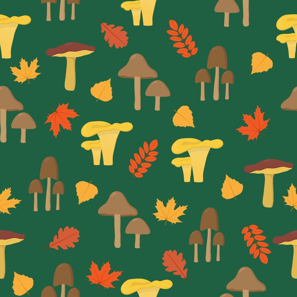 Pilz Musterdesign. bunte Pilze und Blätter im Herbst auf grünem Hintergrund. kreative herbsttextur für stoff, verpackung, textil, tapeten, bekleidung. vektor