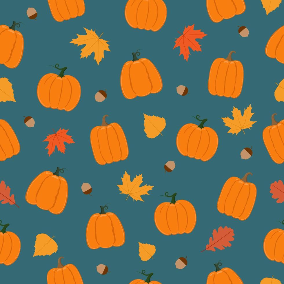 nahtloses muster des herbstes. Kürbisse, Blätter und Eicheln auf blauem Hintergrund. Hintergrund für dekorative Herbstgestaltung vektor