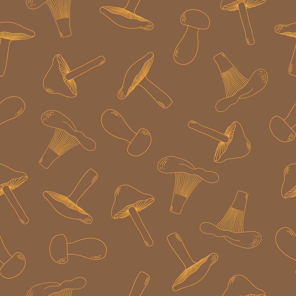 svamp sömlös mönster. gul svamp på brun bakgrund. linje konst. kreativ höst textur för tyg, omslag, textil, tapet vektor