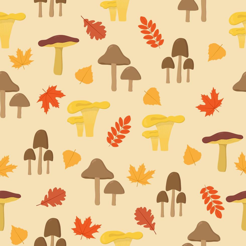 Pilz Musterdesign. Bunte Pilze und Blätter im Herbst auf rosa Hintergrund. kreative herbsttextur für stoff, verpackung, textil, tapeten, bekleidung. vektor
