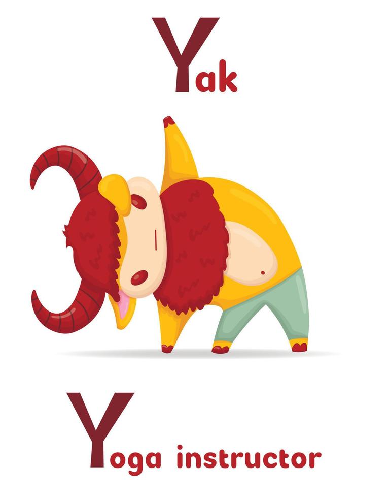 lateinisches alphabet abc tierberufe beginnend mit dem buchstaben y yak yogalehrer im cartoon-stil. vektor