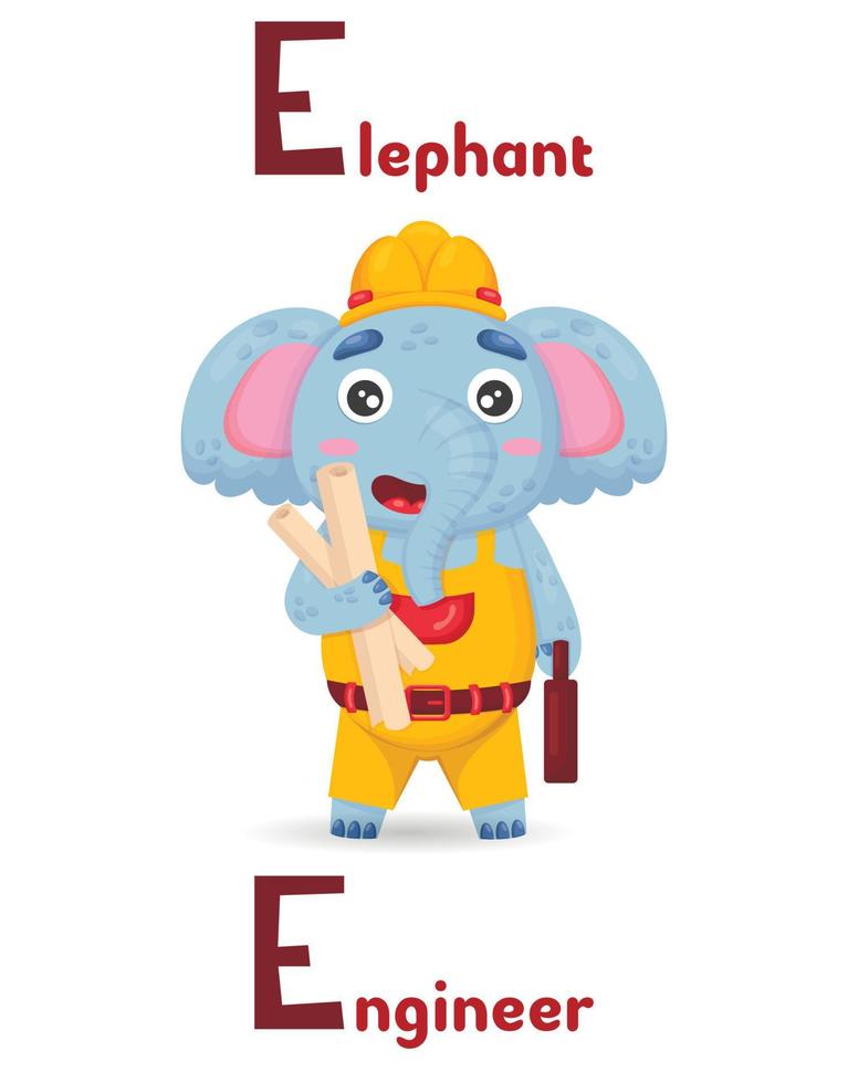 lateinisches alphabet abc tierberufe beginnend mit e elefanteningenieur im cartoon-stil. vektor