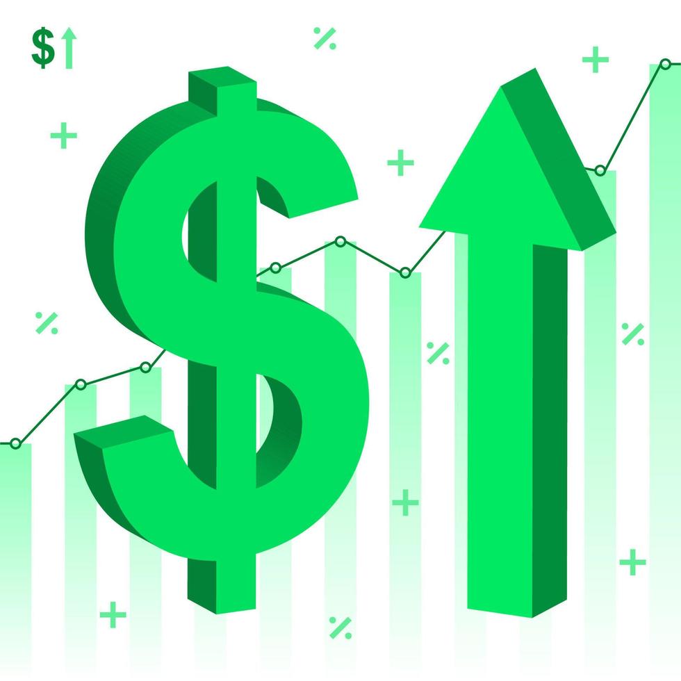 3D-Symbol der steigenden Dollarwährung mit wachsendem statistischem Diagrammhintergrund vektor