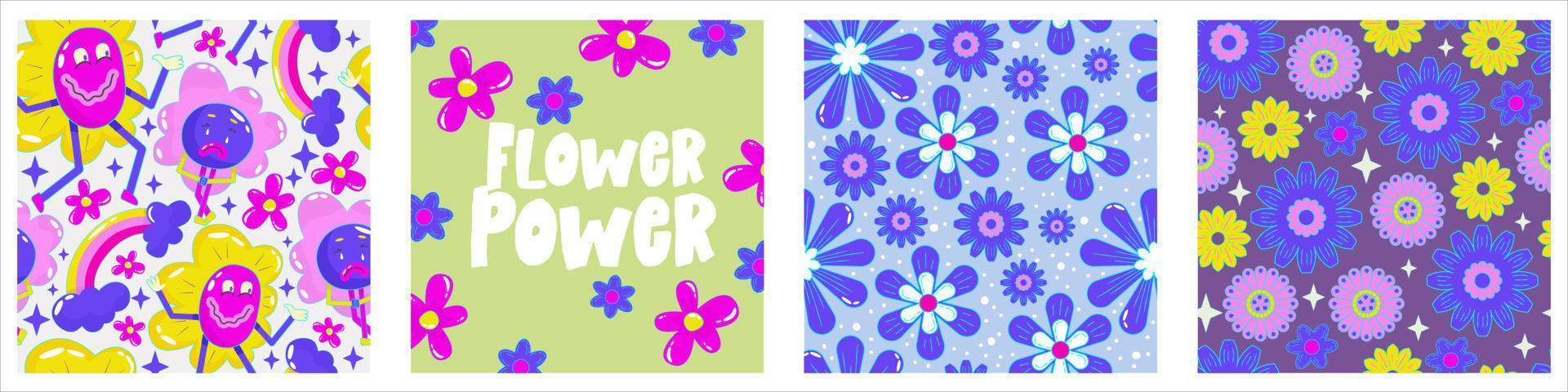 daisy flower power affisch set för print design. abstrakt trippy psykedeliskt mönster. Flower power. rolig vektorillustration. retro 1990 affisch för tshirtdesign. vektor