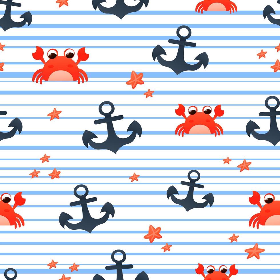 Einfaches nahtloses Marinemuster mit blauen Streifen, Ankern und niedlichem Krabbencharakter im Cartoon-Stil, bunte Seesterne vektor