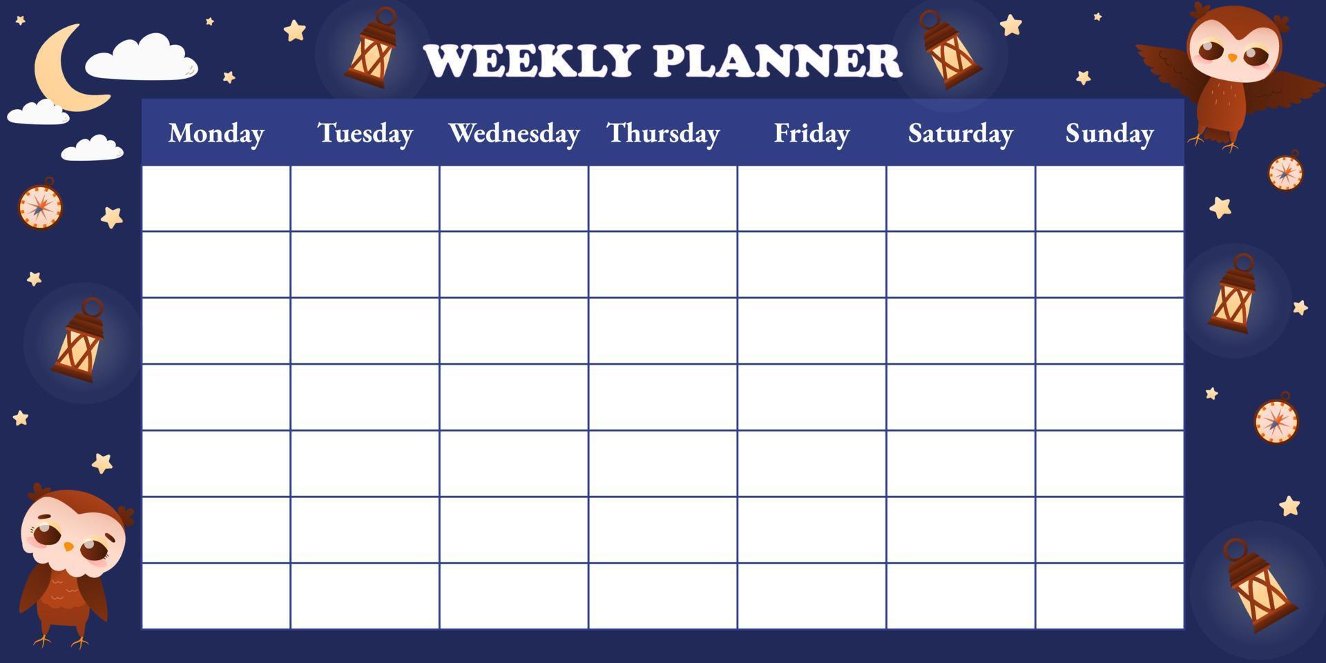 süße kindliche Wochenplaner-Vorlage mit Eulencharakter in verschiedenen Posen auf dunklem Hintergrund mit Mond und Sternen vektor