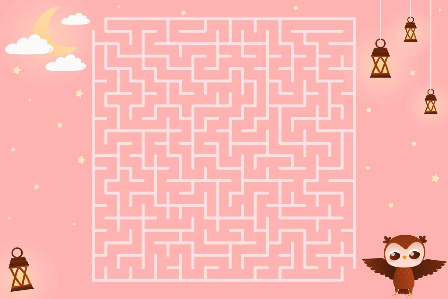 färgrik unge labyrint med söt Uggla karaktär, hjälp finf sätt till de måne på rosa bakgrund i tecknad serie stil vektor