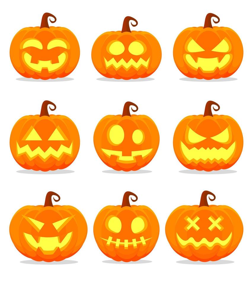 Satz Halloween-Kürbisse auf weißem Hintergrund. Oranger Kürbis mit lustigem Gesicht für Halloween-Design. glückliche halloween-feiertagsvektorillustration vektor