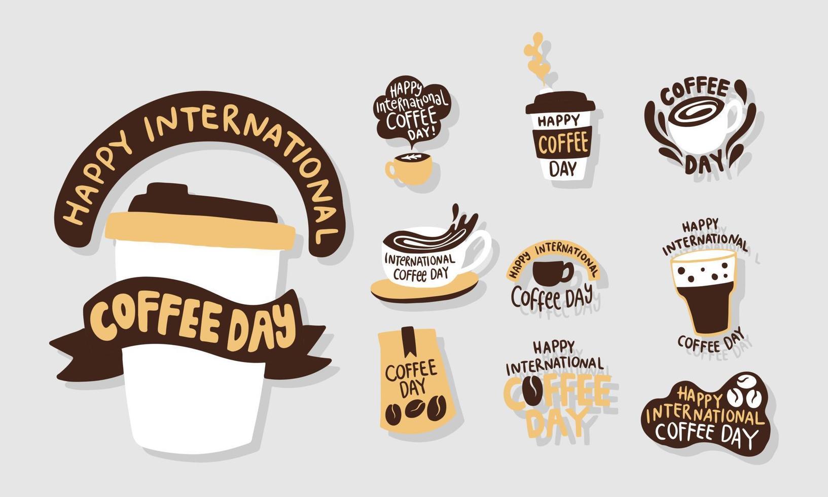 Lycklig internationell kaffe dag vektor samling uppsättning.