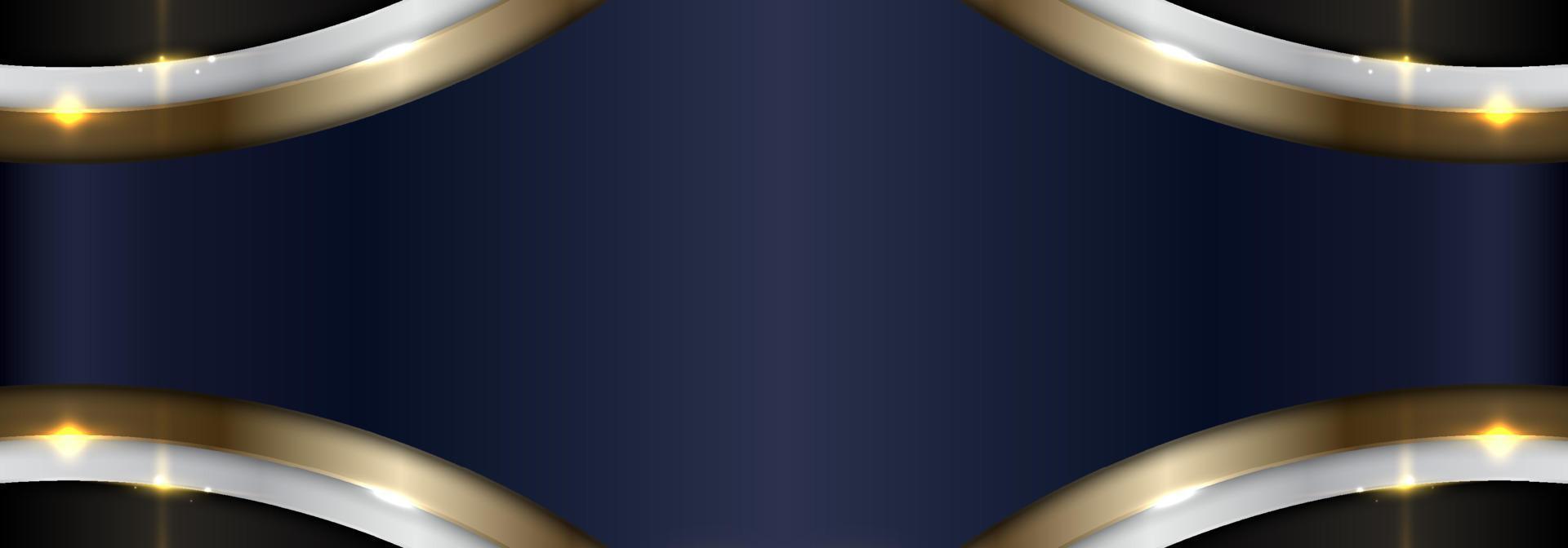 banner web abstrakte elegante blaue, weiße, goldene metallisch geschwungene formschicht auf schwarzem hintergrund vektor