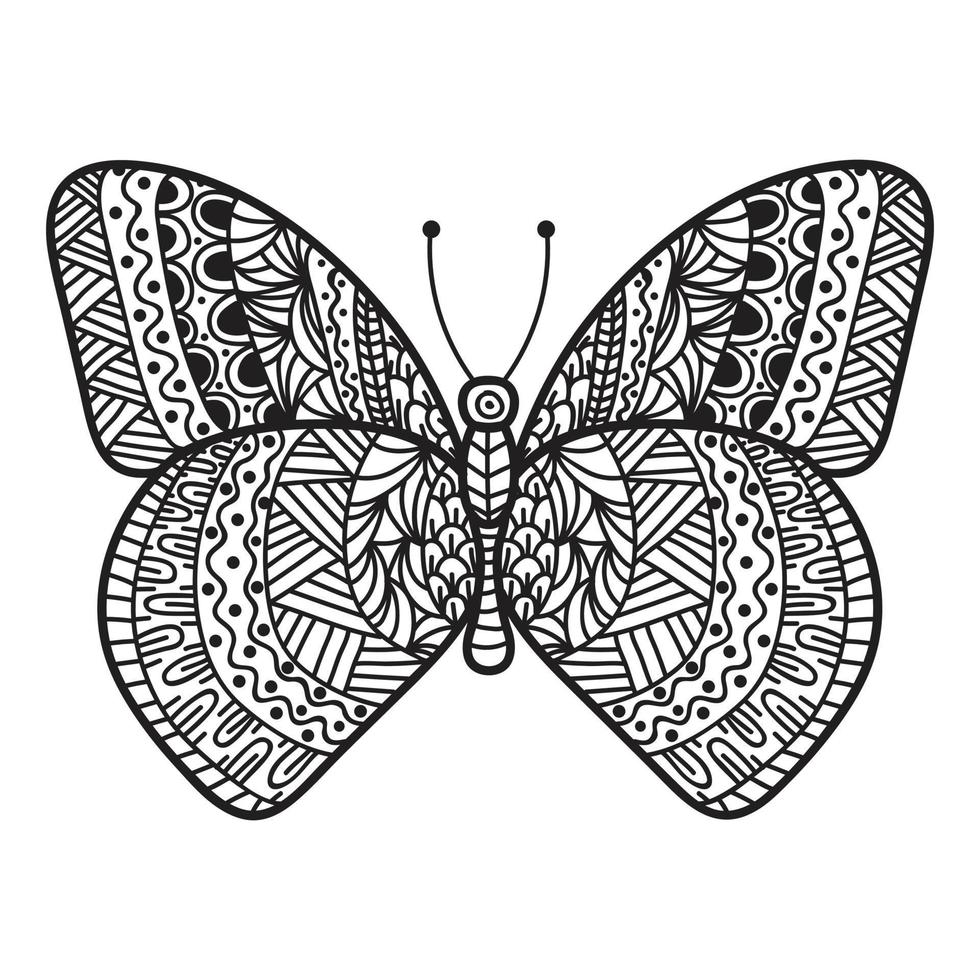 vektor svart och vit bild av en fjäril på vit bakgrund. hand dragen fjäril zentangle stil för t-shirt design eller tatuering.