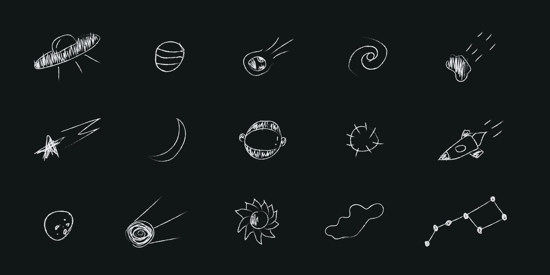 Doodle-Kosmos-Illustration im kindlichen Stil, Design-Clipart. handgezeichnete abstrakte raumelemente mit beschriftung. Schwarz und weiß. vektor