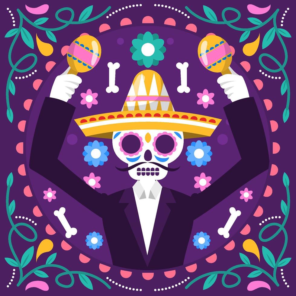 dia de los muertos calavera zuckerschädel mit sombrero vektor