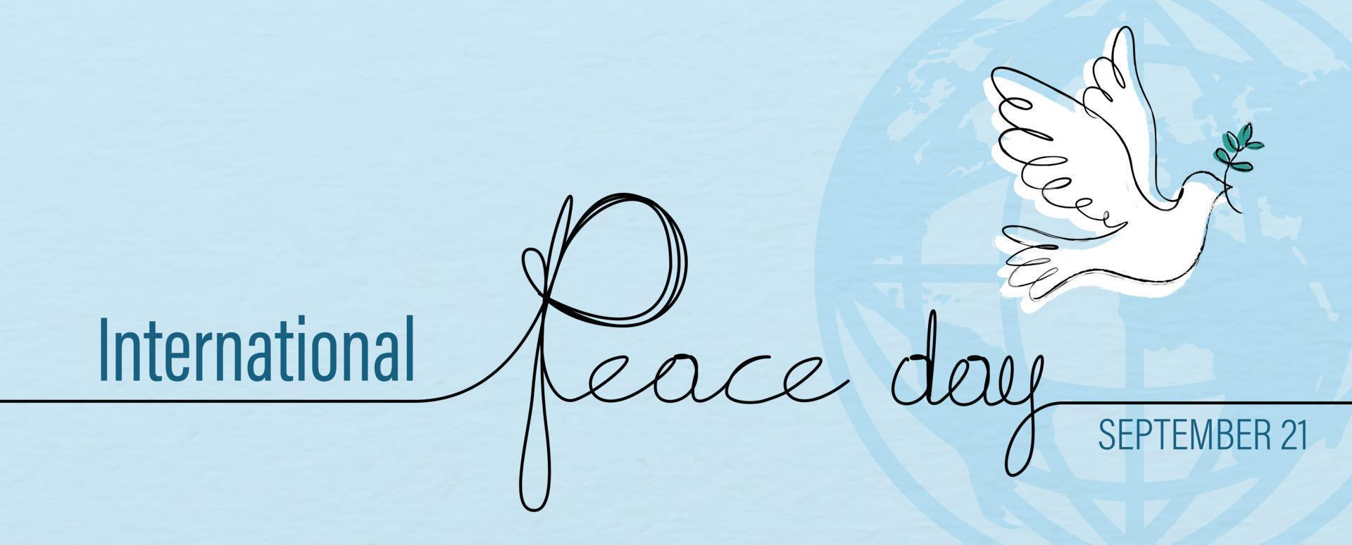 hand dra och ett linje stil i en fred duva form med de namn av händelse text på global ikon och blå bakgrund. affisch begrepp av fred dag kampanj i baner och vektor design.