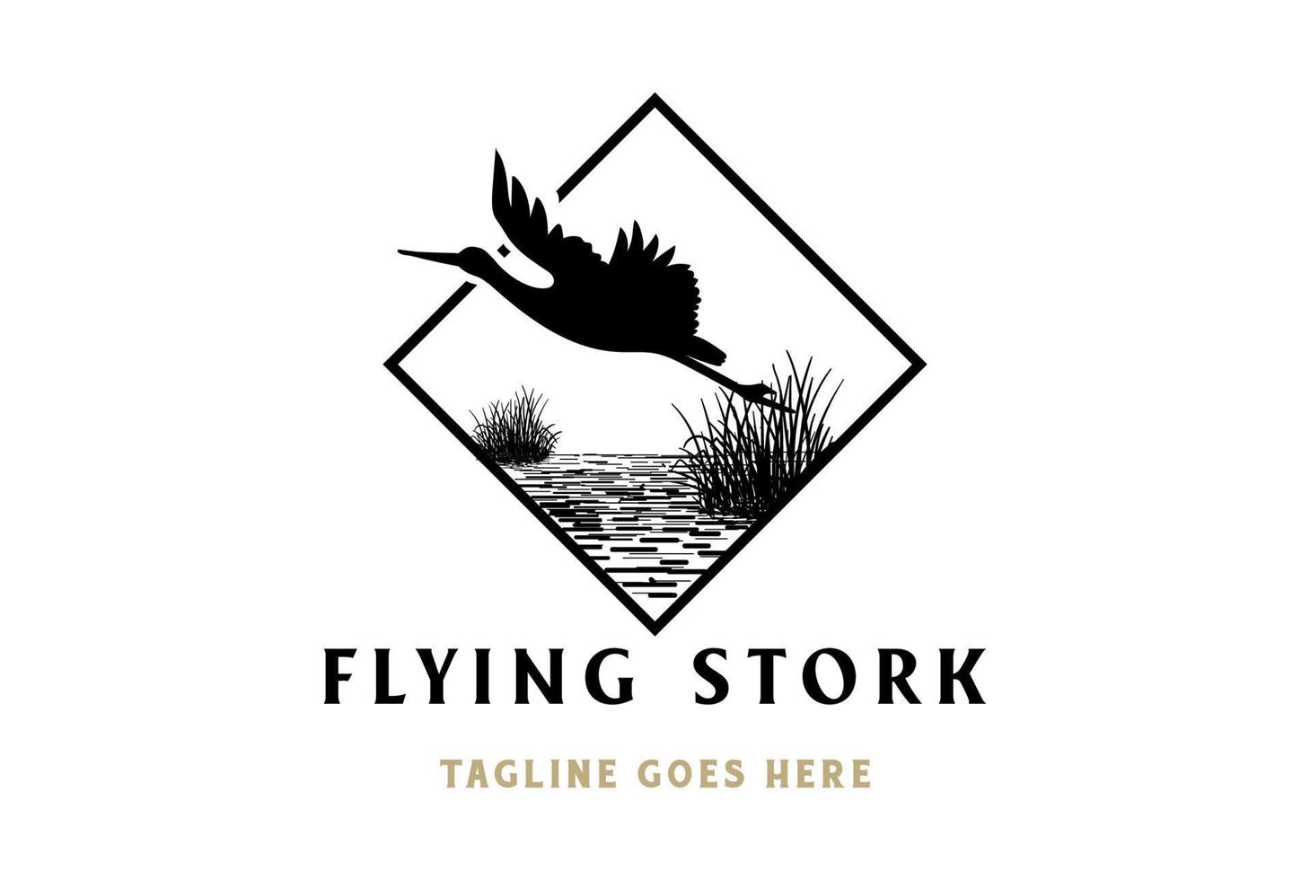 fyrkant flygande stork häger silhuett fågel med gräs flod bäck sjö träsk logotyp design vektor