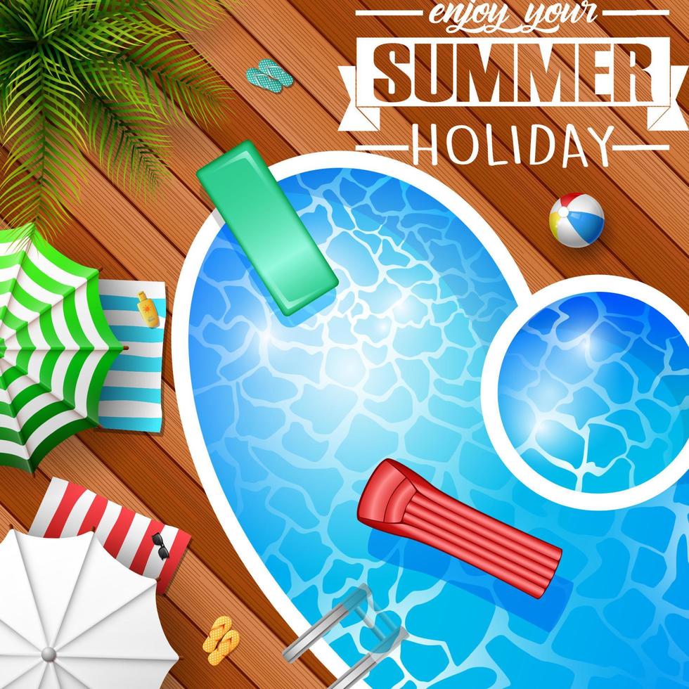 Swimmingpool Draufsicht mit Sonnenschirmen, Palmen, Liegestühlen, Luftmatratze vektor