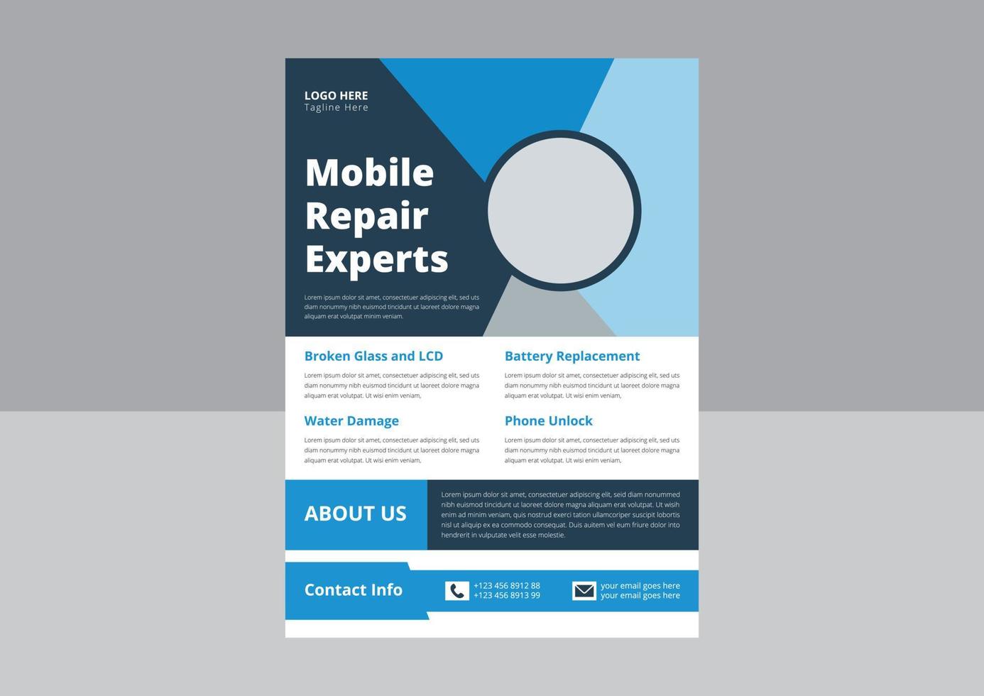 Flyer-Vorlage für Smartphone-Reparaturservice. Handy-Reparatur-Flyer-Poster-Vorlage. Flyer-Design für mobile Reparaturexperten. cover, a4-größe, vorlagendesign. vektor