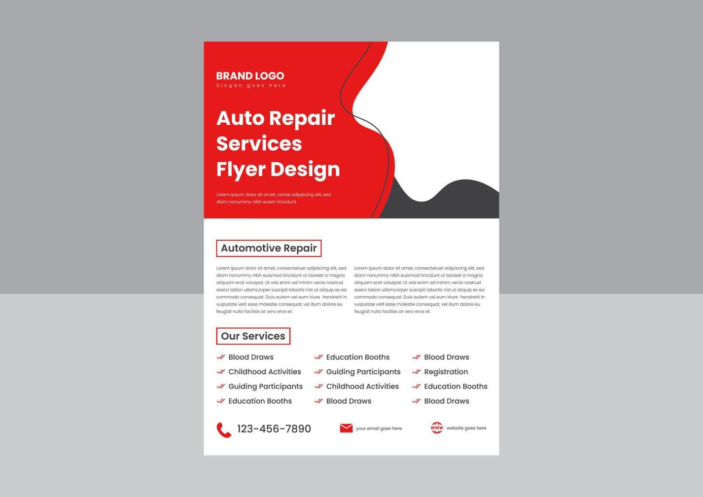 Plakat-Flyer-Design für Automobil- und Autoreparaturservice. Flyer-Poster-Design für Autoreparatur- und Wartungsservice. vektor