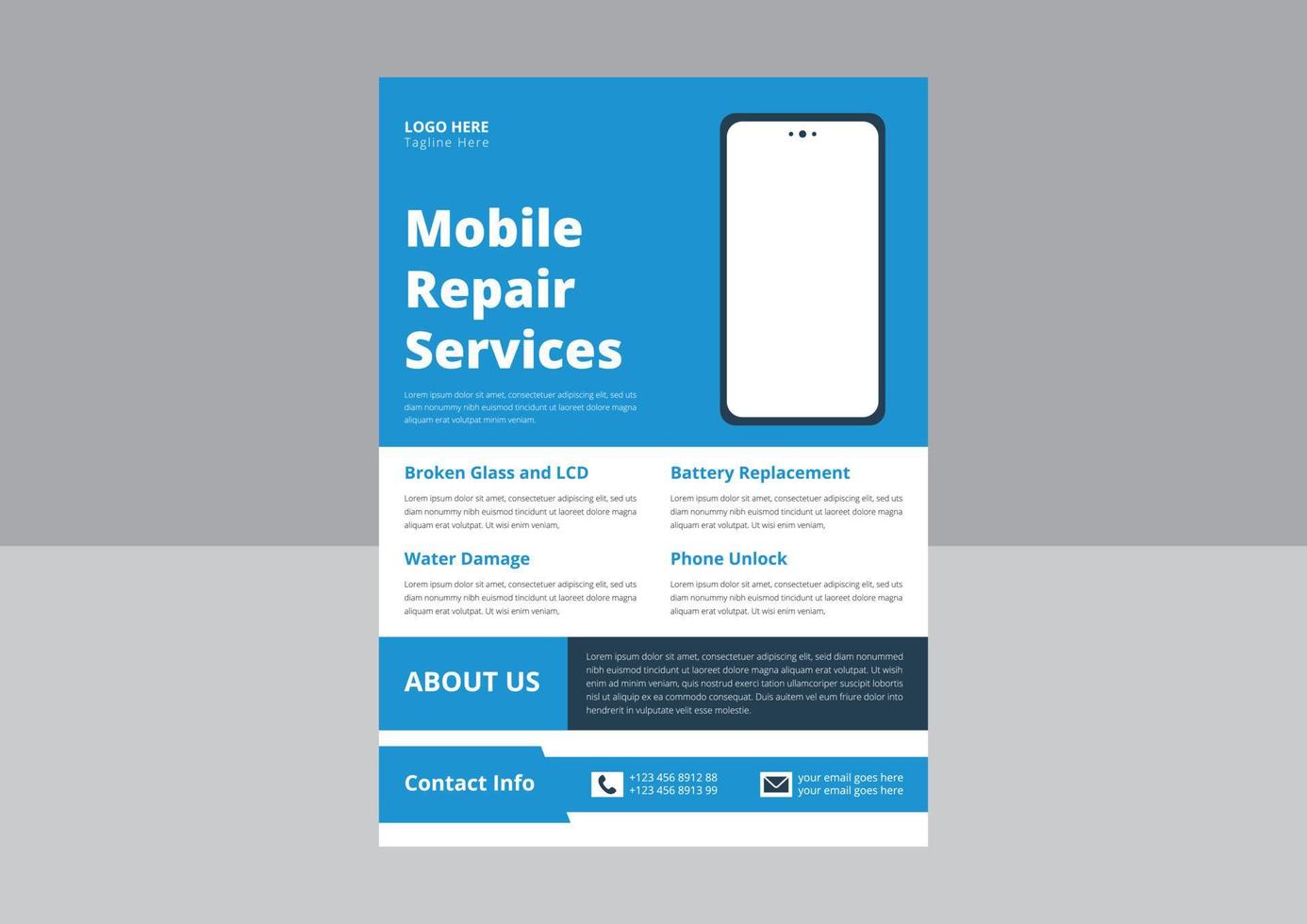 smartphone reparera service flygblad mall. cell telefon reparera flygblad affisch mall. mobil reparera experter flygblad design. omslag, a4 storlek, mall design. vektor