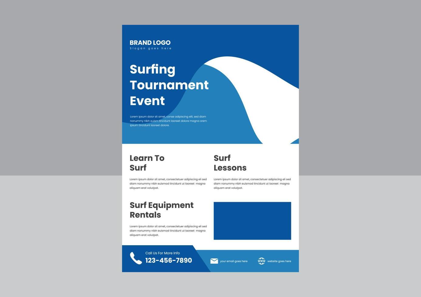 professionelle Surfunterrichts-Flyer-Poster-Designvorlage. Flyer-Poster-Designvorlage für Surfturniere. vektor