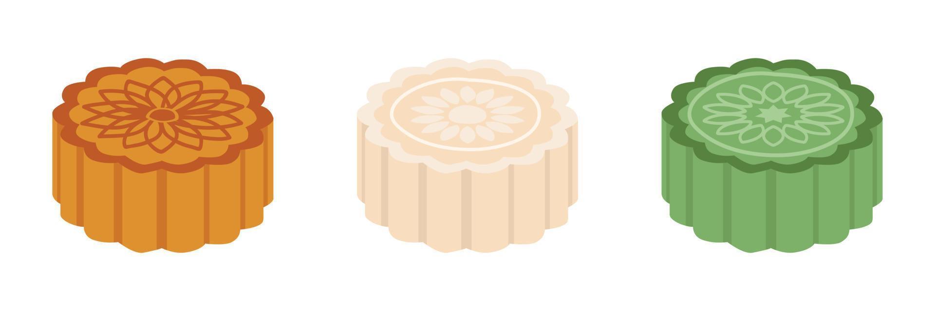 uppsättning av hela månkakor med annorlunda smaker och ingrediens fyllning ClipArt. bakad, klibbig ris, matcha grön te smak cake vektor design illustration. mitt under hösten festival måne kaka