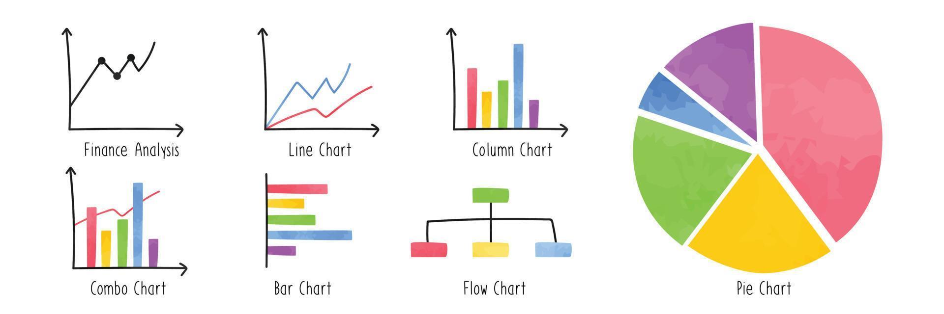 satz von diagrammen und grafiken clipart. verschiedene arten von diagrammen aquarellart vektorillustration. grafiksammlung daten und analysediagramm cartoon handgezeichneter gekritzelstil. Zeichnung des Geschäftskonzepts vektor