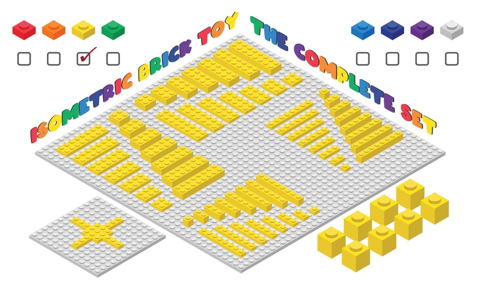 der komplette Satz gelbes 3D-Kinderziegelspielzeug im isometrischen Stil. Kunststoff-Bausteine Spielzeug-Vektor-Illustration isoliert auf weiss. flaches design des quadratischen bausteinspielzeugs. Spielzeugset aus Plastikbausteinen vektor