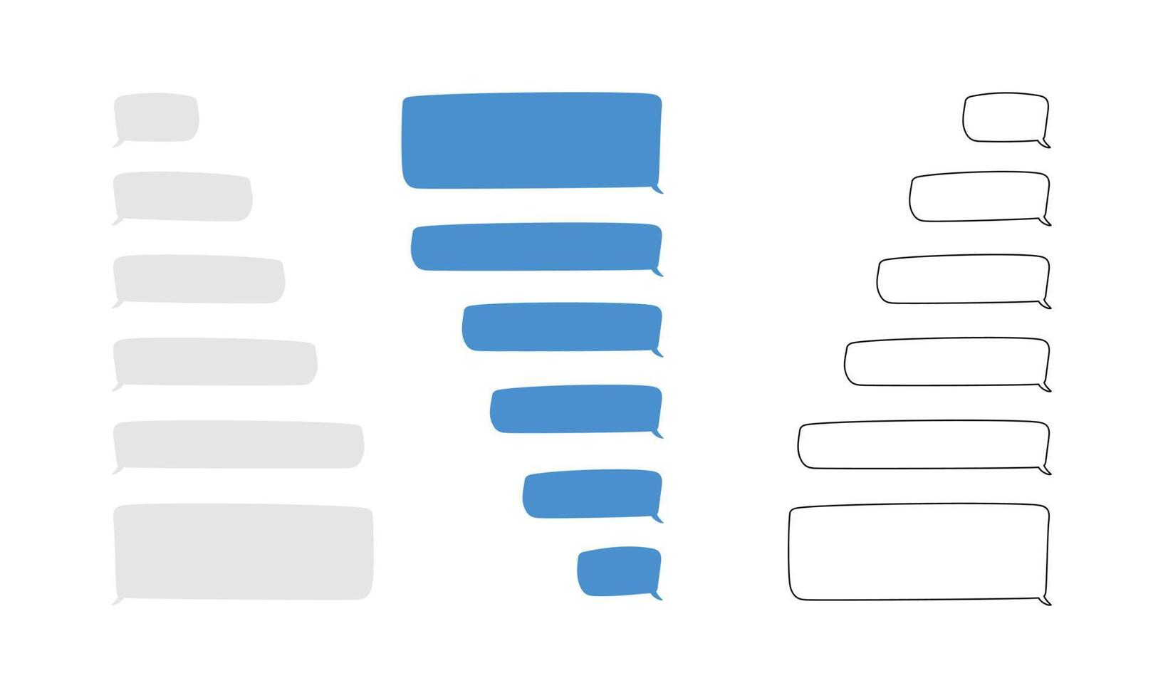 leere Nachrichtenblasen chatten im Cartoon-Stil. leeres Sprechblasen-Vektordesign. leere sms-textrahmen-gekritzelzeichnung. Konversations-Chat-Bildschirm mit grauer, blauer und umrissener Nachrichtenblasen-Messaging-App vektor