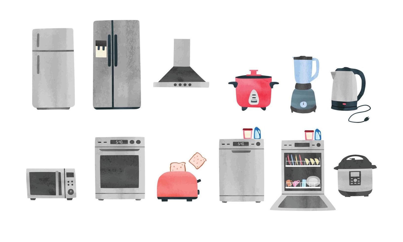 einfacher aquarellsatz küchengerätevektorillustration lokalisiert auf weißem hintergrund. Mikrowelle, Kühlschrank, Geschirrspüler, Toaster, Dunstabzugshaube, Mixer, Wasserkocher, Backofen, Reiskocher vektor