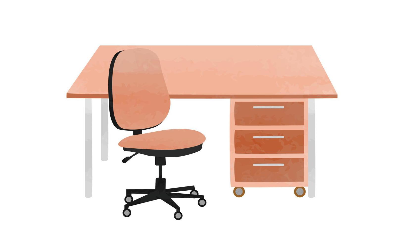 satz von bürotisch und bürostuhl clipart. einfacher Arbeitstisch und Drehstuhl-Aquarell-Stil-Vektor-Illustration isoliert auf weißem Hintergrund. bürotisch und stuhl cartoon hand gezeichnetes gekritzel vektor