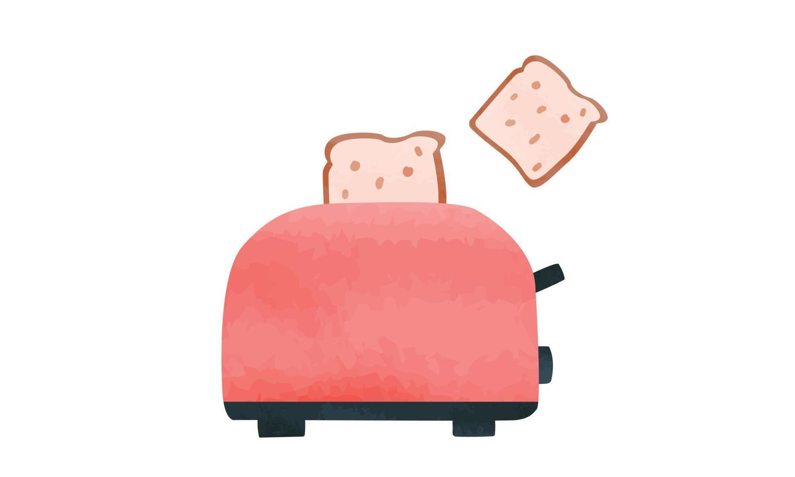 einfacher Toaster mit geröstetem Toastbrot, das Aquarellvektorillustration einzeln auf weißem Hintergrund auftaucht. Toaster-Clipart. Toastscheiben, die aus der handgezeichneten Pop-up-Toaster-Karikatur springen vektor