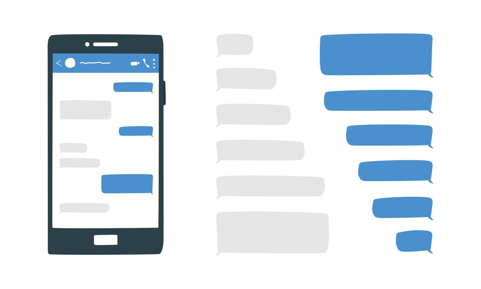 leere Nachrichtenblasen chatten im Cartoon-Stil. leeres Sprechblasen-Vektordesign. leere sms-textrahmen-gekritzelzeichnung. Smartphone mit Konversations-Chat-Bildschirm mit blauer Nachrichtenblasen-Messaging-App vektor