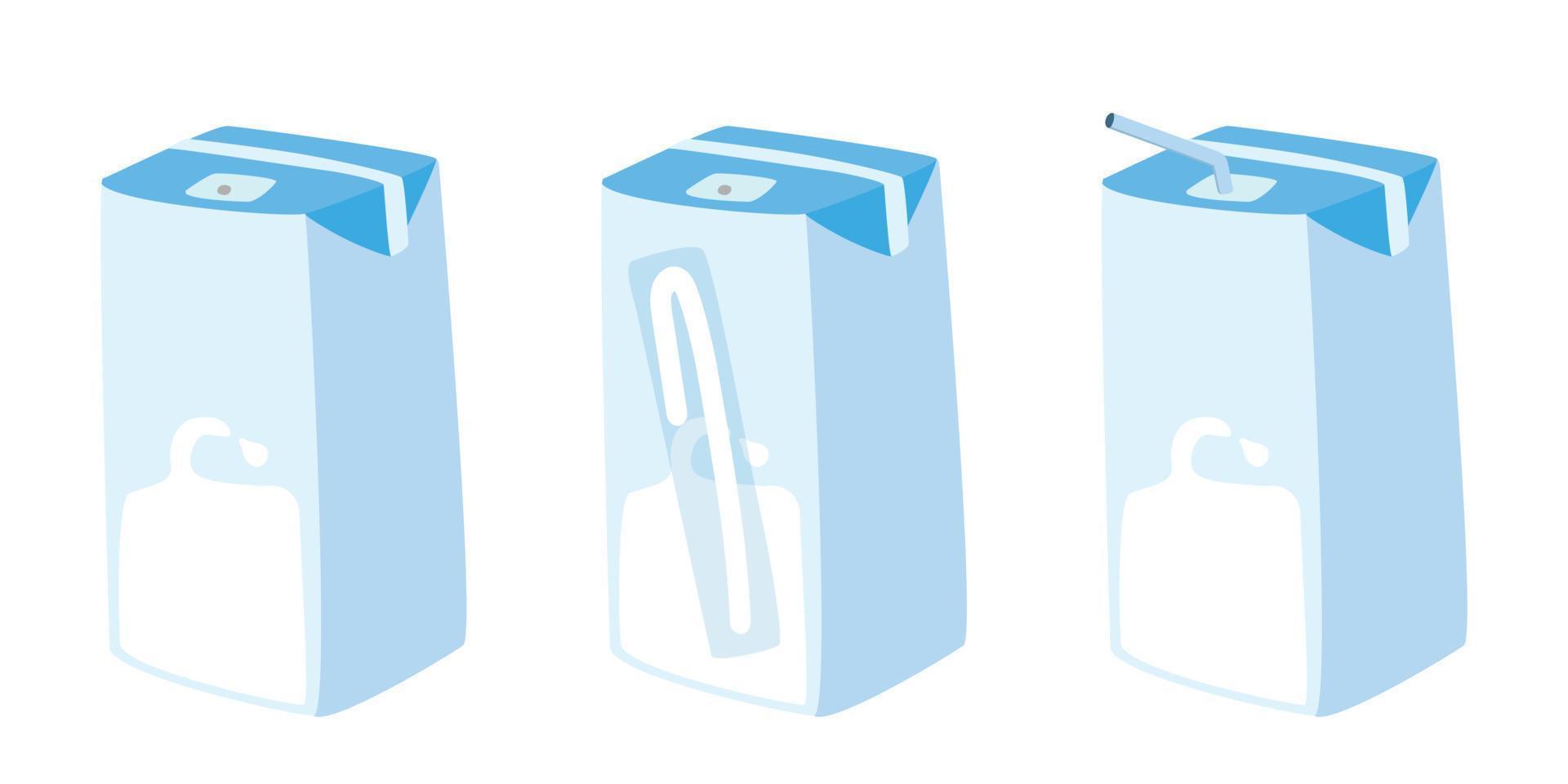 uppsättning av mjölk i små kartong låda vektor design. kort mjölk kartong låda med sugrör ClipArt. mjölk låda i annorlunda poser av sugrör tecknad serie stil söt teckning. mjölk lådor klotter. mejeri Produkter begrepp