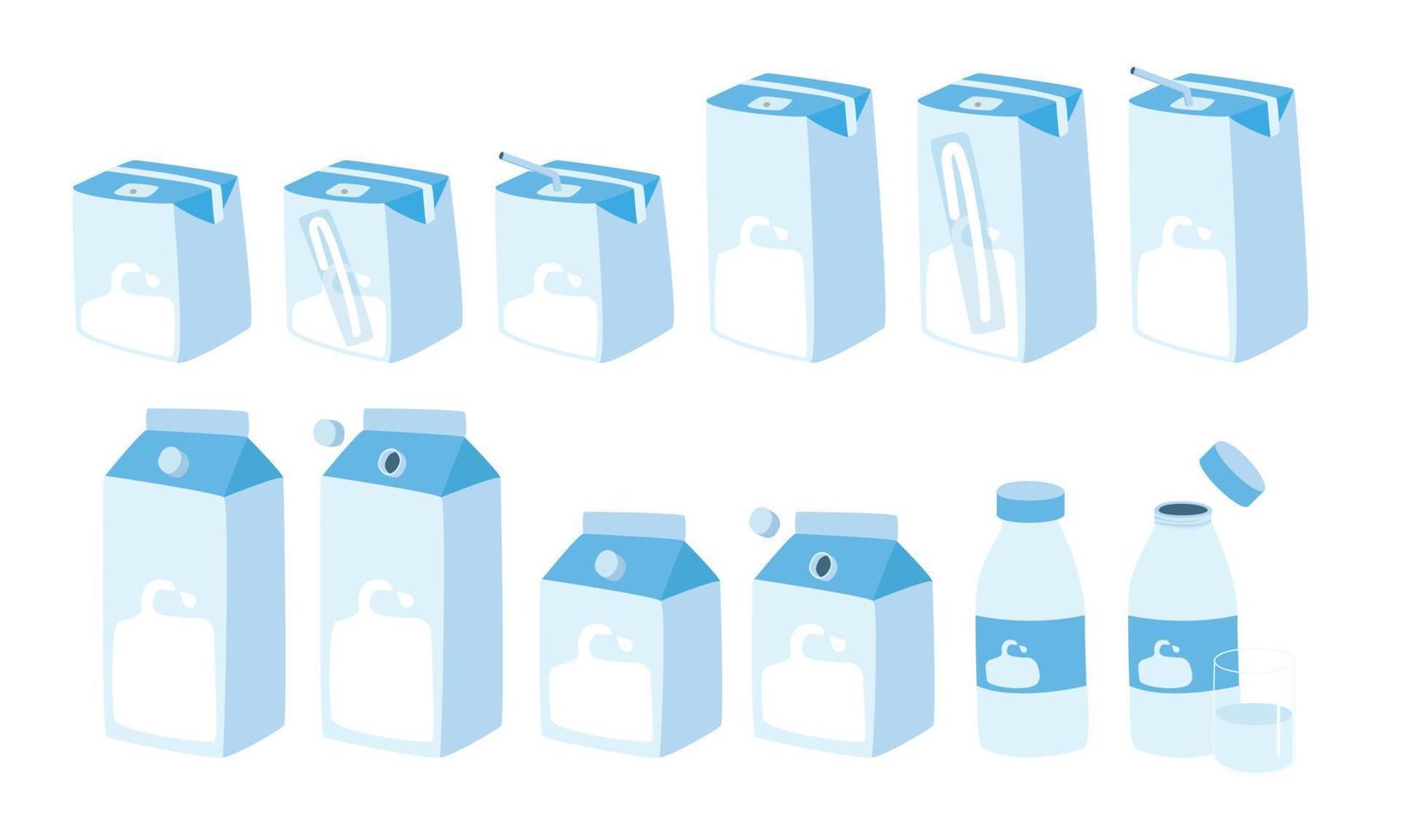 uppsättning av mjölk kartong lådor annorlunda storlekar ClipArt. mjölk kartong paket med sugrör och keps vektor design. mjölk låda, flaska och glas söt teckning klotter stil. mejeri Produkter papper och glas paket