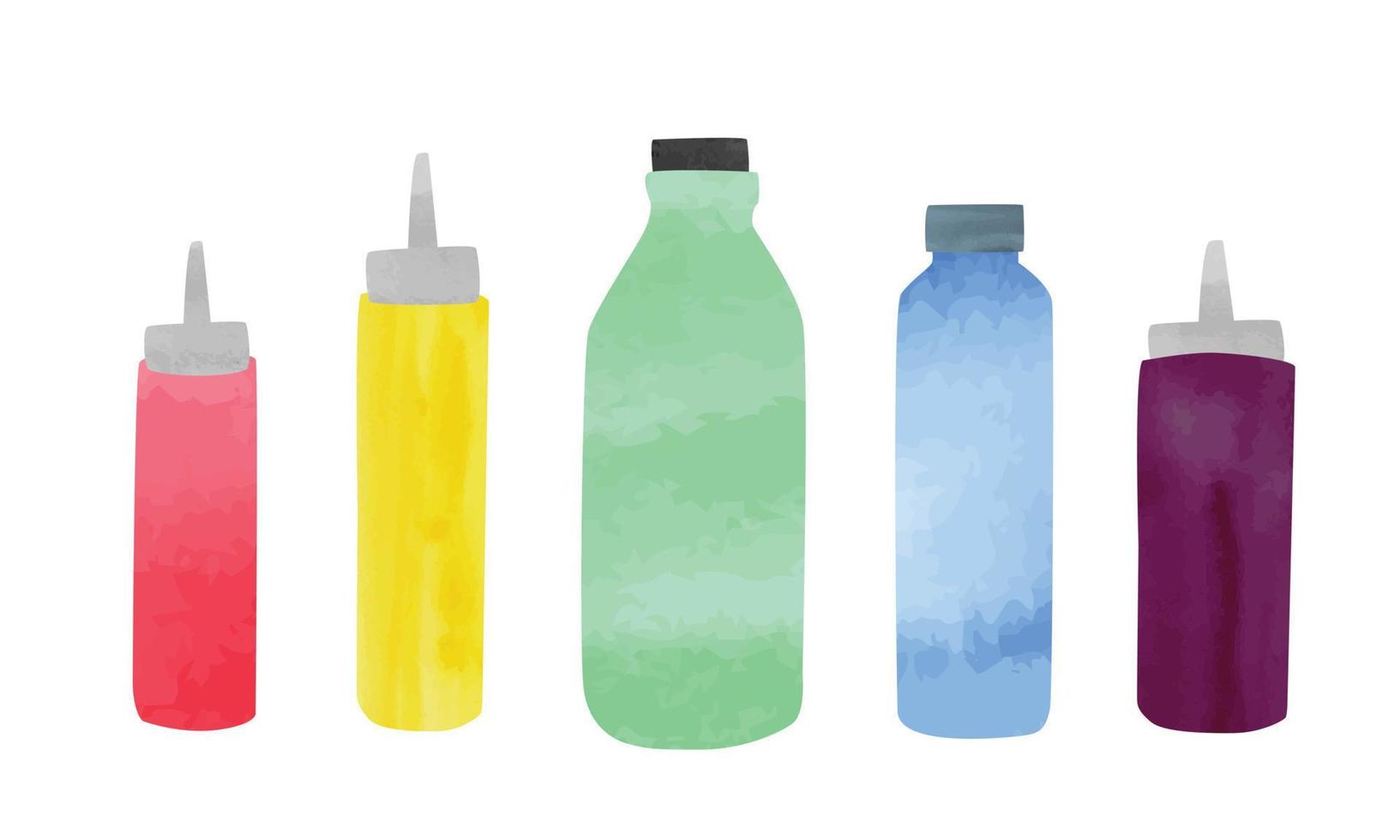 Reihe von Küchenplastikflaschen Cliparts. Saucen Flasche Aquarell Aquarell Stil Vektor-Illustration isoliert auf weißem Hintergrund. einfache küchenflaschenkarikaturzeichnung vektor