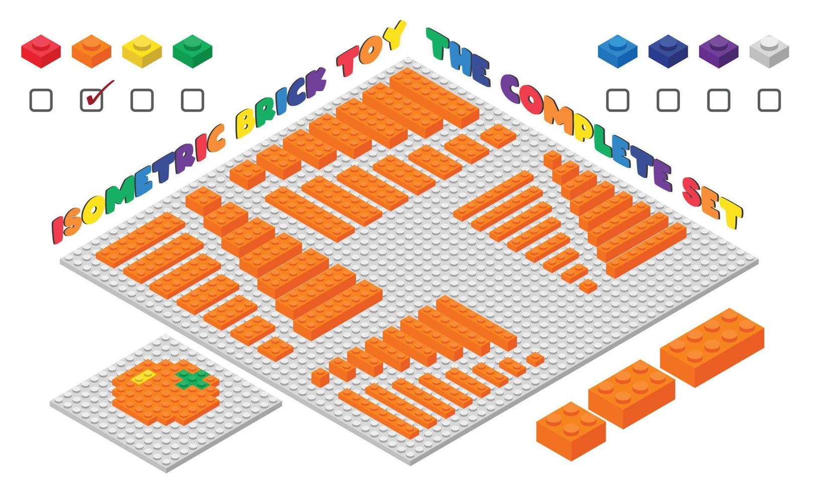 de komplett uppsättning av orange 3d barn tegel leksak isometrisk stil. plast byggnad block leksak vektor illustration isolerat på vit. fyrkant byggnad tegel leksak platt design. plast tegel leksak uppsättning