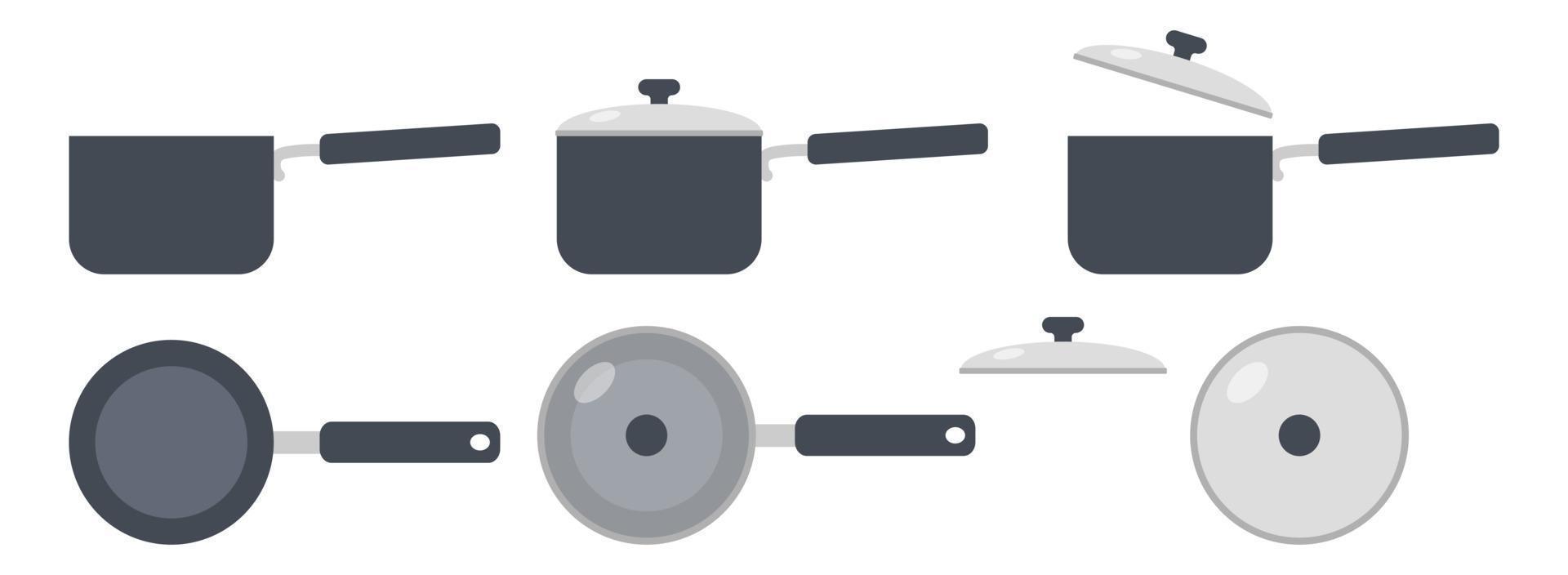 satz von soßenpfannen clipart-vektorillustration. flaches Vektordesign des Soßenpfannenzeichens. einfacher Topf mit und ohne Deckelsymbol. Töpfe Cartoon-Cliparts. Symbol für das Konzept des Küchenwerkzeugs vektor