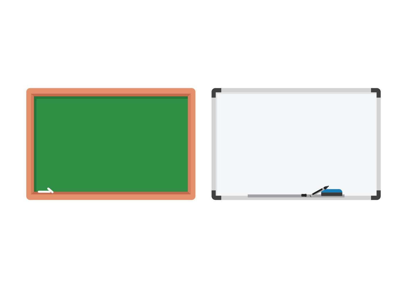 Schulbehörden setzen Vektordesign. flache Artvektorillustration der Tafel und des Whiteboards lokalisiert auf weißem Hintergrund. Tafel- und Whiteboard-Cliparts. Grafikdesign der grünen Schultafel vektor