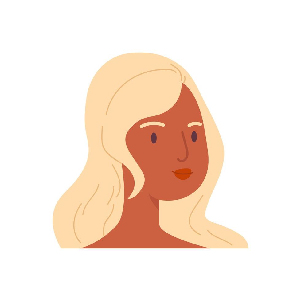 Cartoon-Gesicht eines erwachsenen gebräunten Mädchens. der Kopf einer dunkelhäutigen Blondine mit rotem Lippenstift. weiblicher Avatar-Illustrationsvektor isoliert auf weißem Hintergrund. vektor