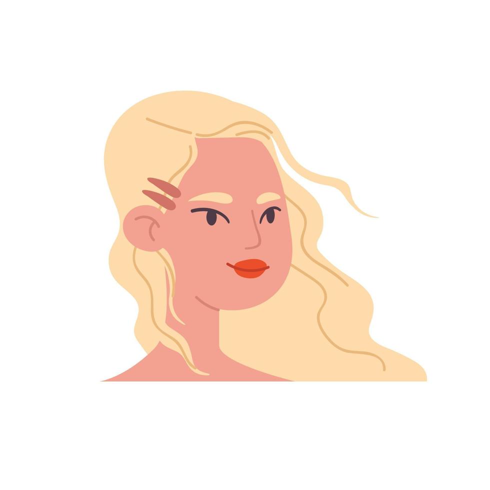 tecknad serie kvinna huvud. de huvud av en blond med lång lockigt hår med en hårnål och röd läppstift. kvinna avatar illustration vektor isolerat på vit bakgrund.