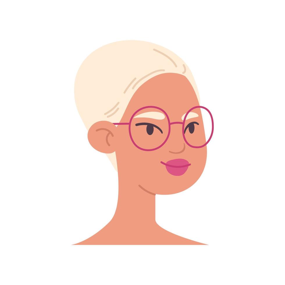 Cartoon-Kopf einer Frau mit Brille. Kurzhaariger blonder Kopf in leuchtend rosa Lippenstift. weiblicher Avatar-Illustrationsvektor isoliert auf weißem Hintergrund. vektor