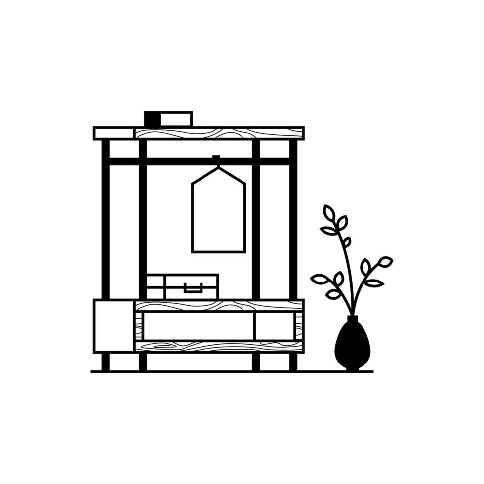 offener Kleiderschrank im Loft-Stil mit Kleiderbügel und Koffer. minimalistisch lackierte Holzmöbel schwarz auf weiß mit Bodenvase. Vektor Stock Illustration von Möbeln für den Innenraum im Loft-Stil.
